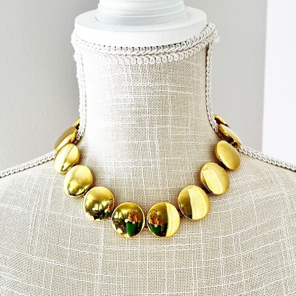 Anne Klein Vintage 80's 90's Gold Mirror Disc Statement Necklace